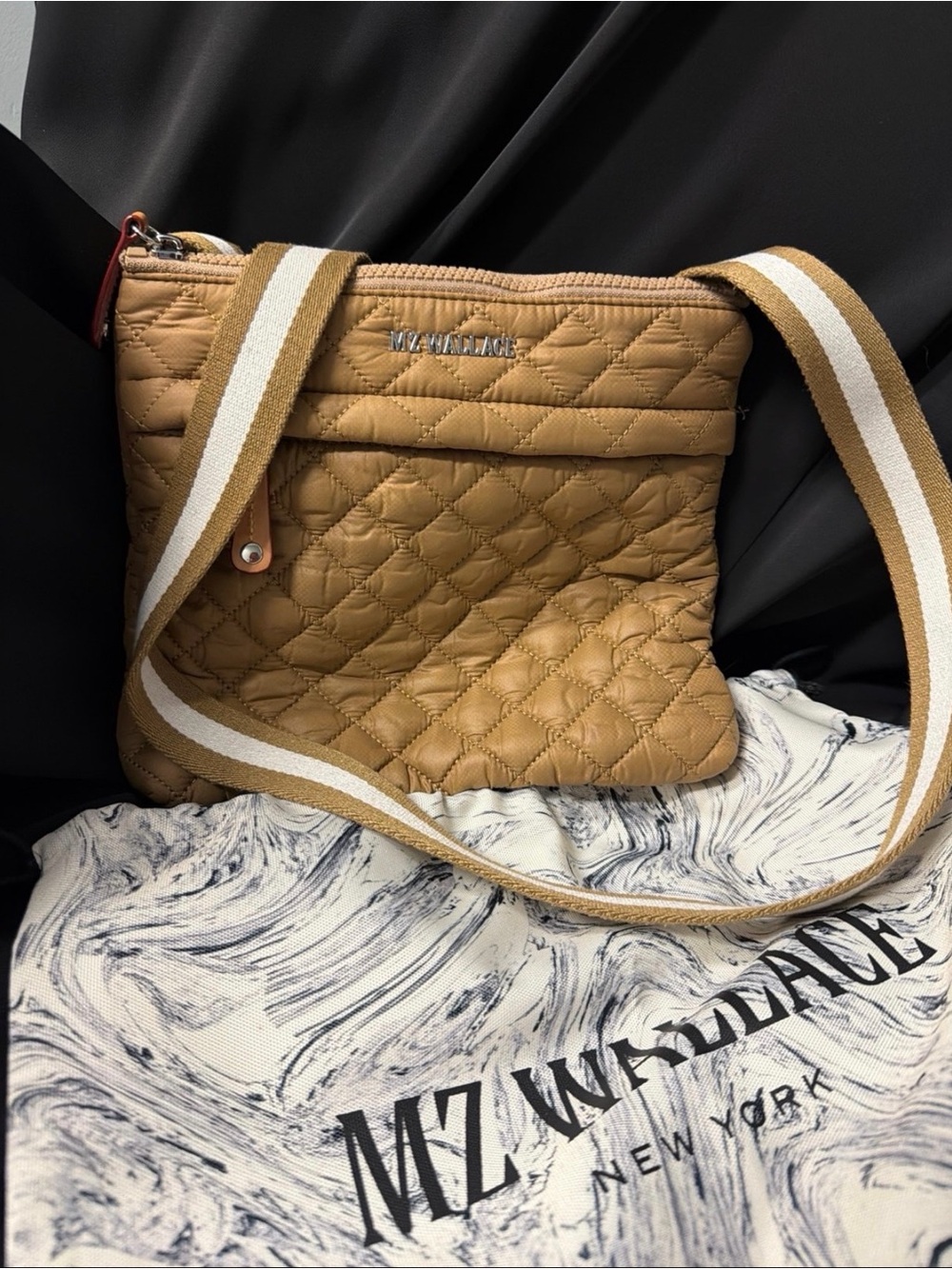 MZ Wallace Quilted Crossbody in Camel Tan with Striped Strap